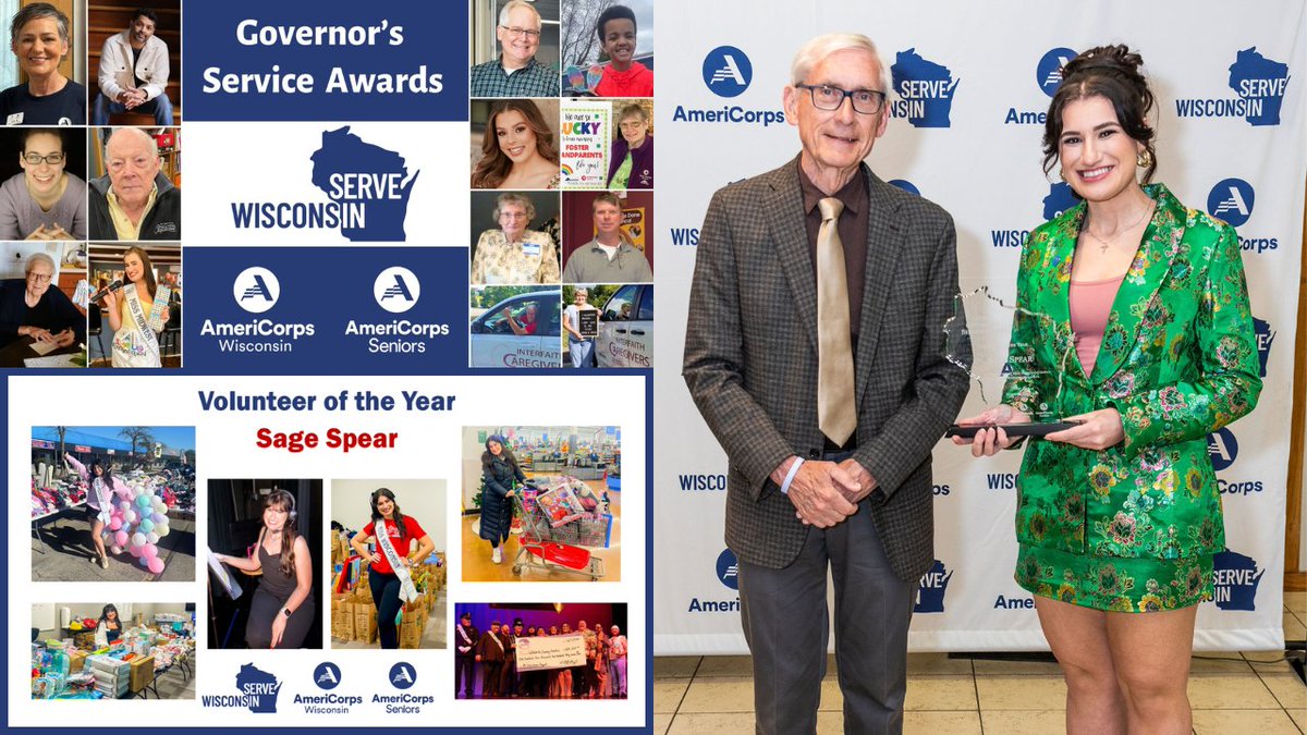 ServeWisconsin's tweet image. Congratulations to Sage Spear, Volunteer of the Year honoree at 2025 Governor’s Service Awards
Watch Sage receive award from @GovEvers & hear about service at United Way of Jefferson & N Walworth Counties, including with @mfldclinic @AmeriCorps
VIDEO: youtu.be/Vcz5fbrIYXQ