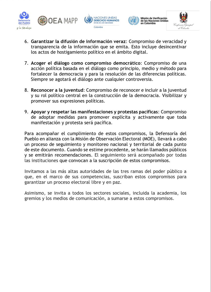 Le Canada🇨🇦 appuie et soutient ces engagements en faveur d'un processus électoral libre et pacifique en 🇨🇴. En tant que défenseurs de la démocratie, nous nous joignons à cet appel et invitons tous les acteurs de la société à s'y rallier.