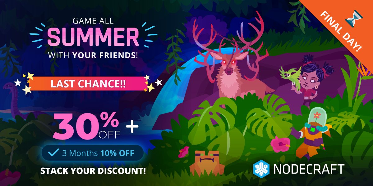 nodecraft's tweet image. It&apos;s the final weekend of the SUMMER SALE! ☀️ Last chance to stack your discounts to play all summer with your friends, so don&apos;t miss out!   🏃‍♂️💨bit.ly/25GS06S #summersale #summerpass