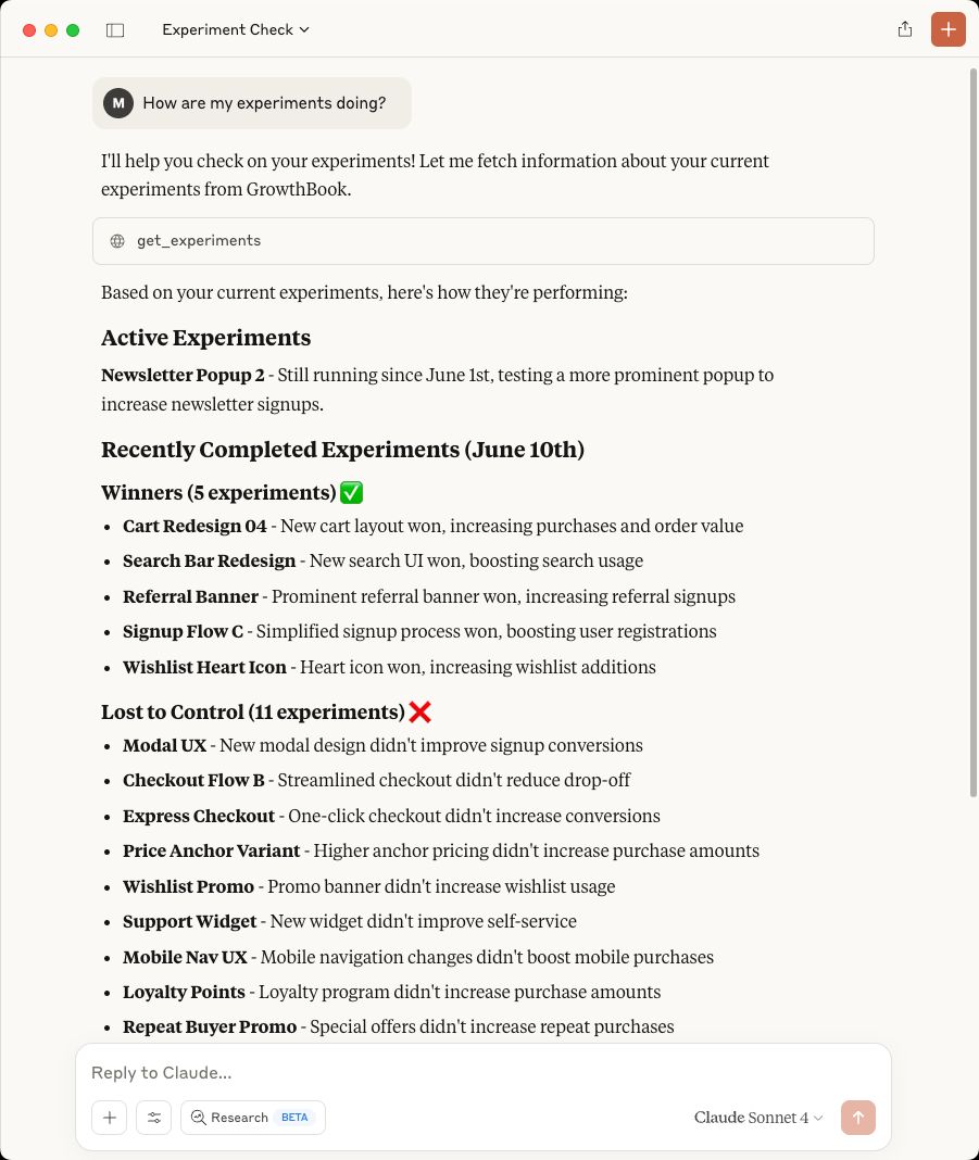 Check on your experiments from anywhere with our MCP server. Perfect for those moments when you're having a sandwich but also really want to know how cart-upsell-03 is doing 🥪 🛒
