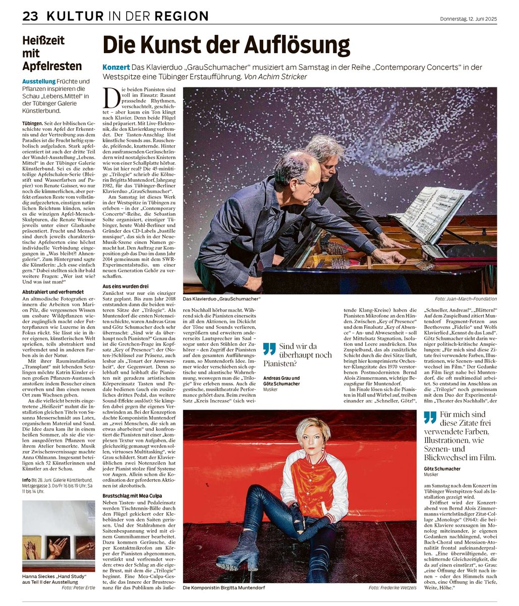 Diesen Samstag, 14. Juni wird’s heiß bei den Contemporary Concerts Tübingen! #GrauSchumacher Piano Duo mit der "Trilogie für zwei Flügel" von #BrigittaMuntendorf und "Monologe" von #BerndAloisZimmermann im gut gekühlten Saal Eins in der Westspitze: cct-5.eventbrite.de <a href="/SWPde/">SÜDWEST PRESSE</a>