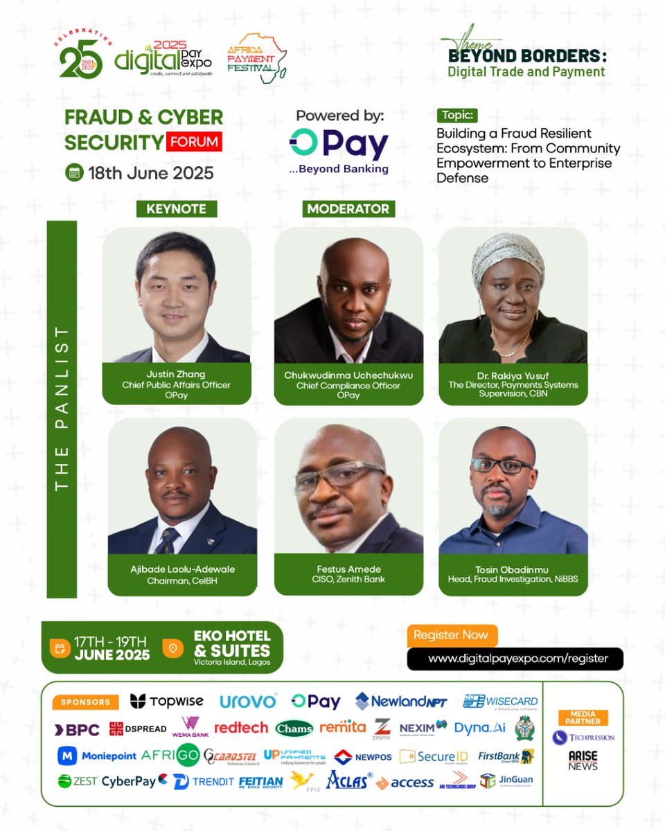 Join us at Digital Pay Expo 2025 as leading voices in finance and cybersecurity come together to chart the course for a safer, smarter financial future

Let’s talk trust, resilience, and the future of secure digital payments in Nigeria and beyond.

#digitalpayexpo2025 #opay