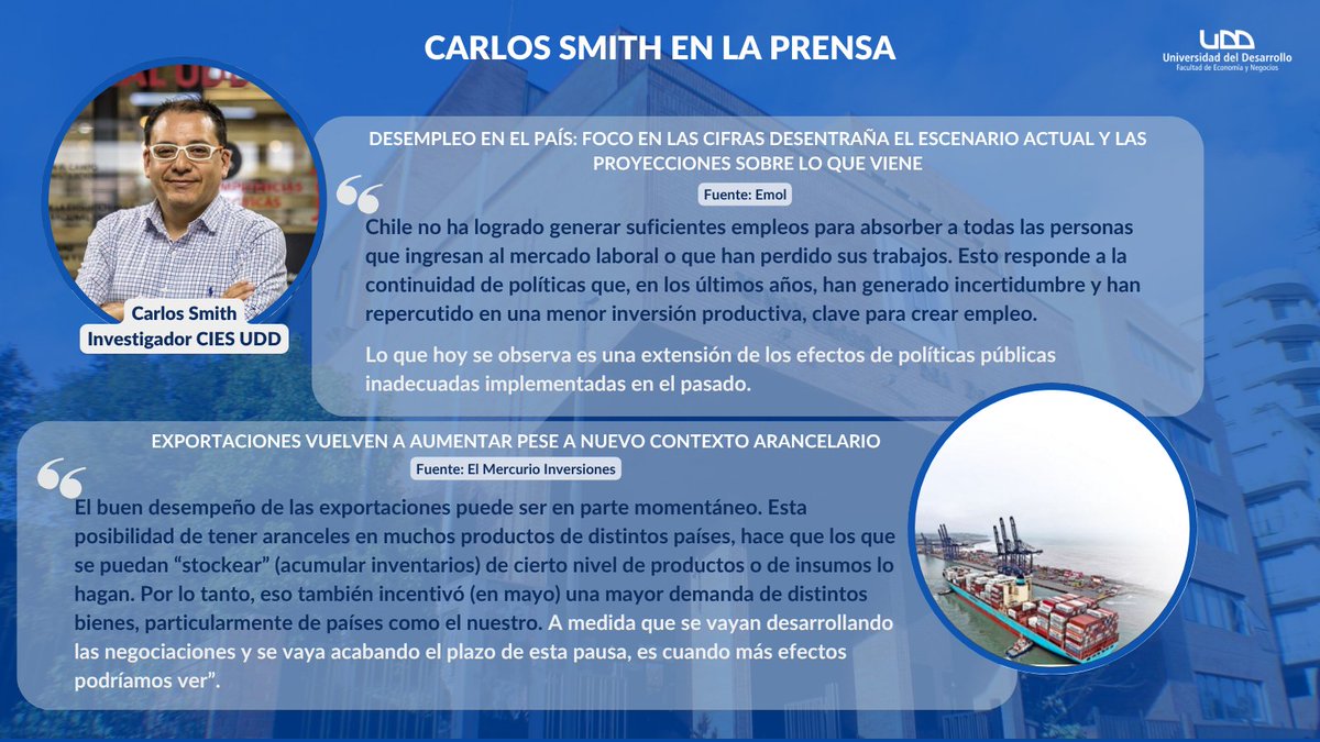 Negocios UDD (@negociosudd) on Twitter photo 🔴PRENSA | El investigador #CIESUDD, <a href="/carlospsmithc/">Carlos Smith</a>, conversó esta semana sobre las cifras de desempleo en el país en <a href="/Emol/">Emol.com</a> y también se refirió al buen desempeño que han tenido las exportaciones pese al nuevo contexto arancelario, en <a href="/EM_Inversiones/">El Mercurio Invers.</a>. 🔴PRENSA | El investigador #CIESUDD, <a href="/carlospsmithc/">Carlos Smith</a>, conversó esta semana sobre las cifras de desempleo en el país en <a href="/Emol/">Emol.com</a> y también se refirió al buen desempeño que han tenido las exportaciones pese al nuevo contexto arancelario, en <a href="/EM_Inversiones/">El Mercurio Invers.</a>.