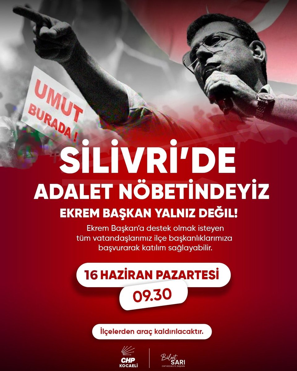 SİLİVRİ’DE ADALET NÖBETİNDEYİZ

EKREM BAŞKAN YALNIZ DEĞİL!

Pazartesi günü, Silivri’deki duruşmaya Kocaeli İl Örgütü olarak katılım sağlıyoruz. Hukukun üstünlüğü ve adaletin tesisi için mücadelemiz sürüyor.

TARİH – SAAT

16 HAZİRAN PAZARTESİ

09.30

Ekrem Başkan’a destek olmak