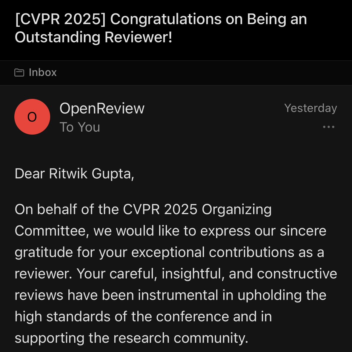 Ritwik_G's tweet image. I was recognized as an outstanding reviewer for @CVPR! I made it a goal this year to think about better ways to write reviews, so I’m happy to see that effort worked.