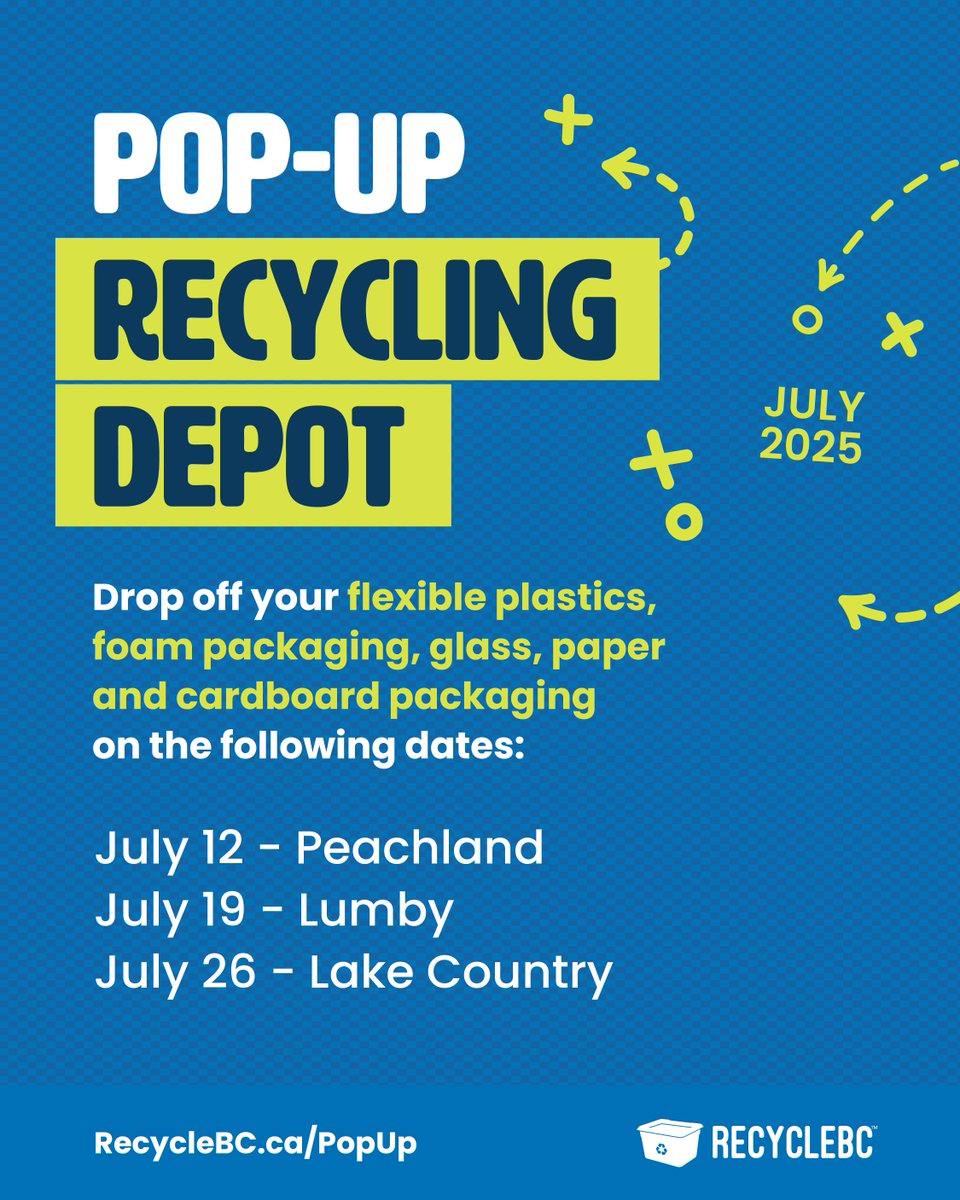🎉 Pop-Up Recycling Depots in July🎉

Multiple pop-up recycling events are taking place this month in Lake Country, Lumby, and Peachland!

Visit RecycleBC.ca/PopUp for more details.
