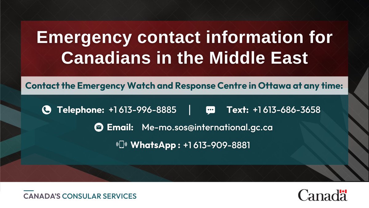 ⚠️ If you are a Canadian citizen in the #MiddleEast requiring emergency consular assistance, please contact our 24/7 Emergency Watch and Response Centre: travel.gc.ca/assistance/eme…