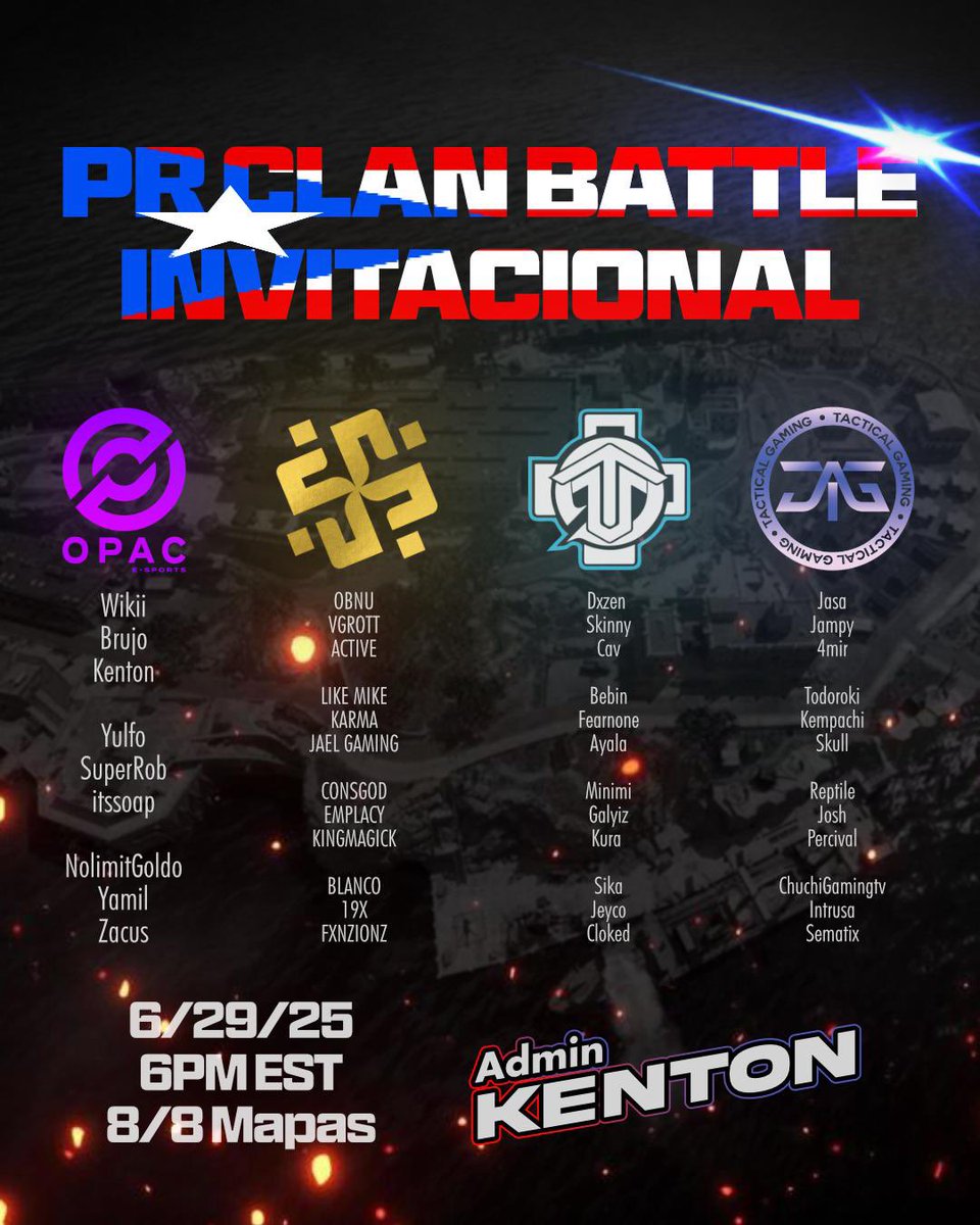 Tactical Gaming (@tacg_oficial) on Twitter photo 🚨 ¡TORNEO DE PRIVADAS: CLAN BATTLE! 🚨
Nos unimos al primer evento invitacional de Warzone Rebirth, representando a Tactical Gaming junto a tres organizaciones de Puerto Rico.
Gracias a <a href="/Kenton_Gaming/">KentonGaming</a> por reunir a la comunidad competitiva.
¡Vamos con todo!
#TacG_Oficial 🚨 ¡TORNEO DE PRIVADAS: CLAN BATTLE! 🚨
Nos unimos al primer evento invitacional de Warzone Rebirth, representando a Tactical Gaming junto a tres organizaciones de Puerto Rico.
Gracias a <a href="/Kenton_Gaming/">KentonGaming</a> por reunir a la comunidad competitiva.
¡Vamos con todo!
#TacG_Oficial