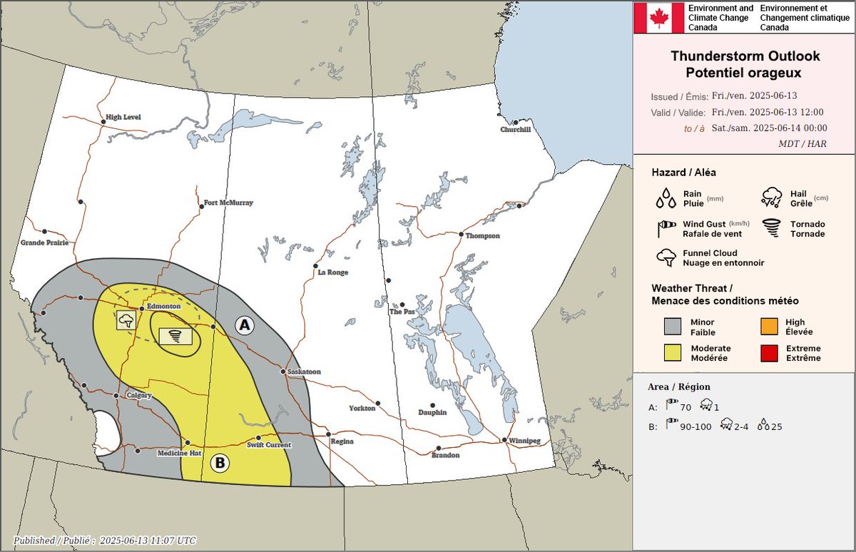 ECCCWeatherAB's tweet image. Severe thunderstorm risk remains for much of Alberta today. Our set up is favourable for supercells and possibly funnel clouds near the capital region. Make sure you have a way to receive watches and warnings this afternoon! #abstorm #Edmonton