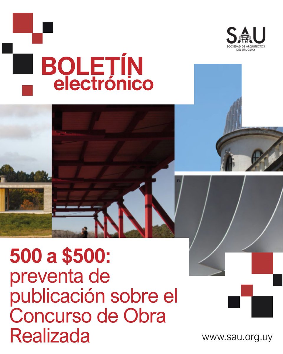 📬 ¡Salió el segundo boletín de junio!

📚 Preventa "500 a $500" de publicación sobre el Concurso de Obra Realizada (COR)
🗓️ Este martes: conversatorio en SAU
🏗️ Lanzamiento del COR 2025
🏛️ Reforma CJPPU: Senado posterga votación

Empleos, noticias y más👉 bit.ly/3HGQyA8