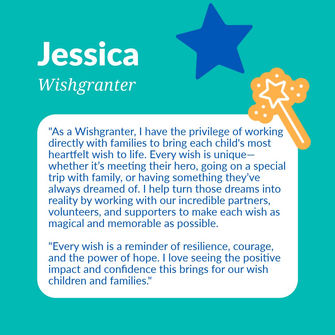 Meet Jessica, one of our fabulous Wishgranters here at Make-A-Wish HQ 👋

"Every wish we grant is a reminder of resilience, courage, and the power of hope. I love seeing the positive impact and confidence this brings for our wish children and families." ⭐ 

#Wishes #MakeAWishUK