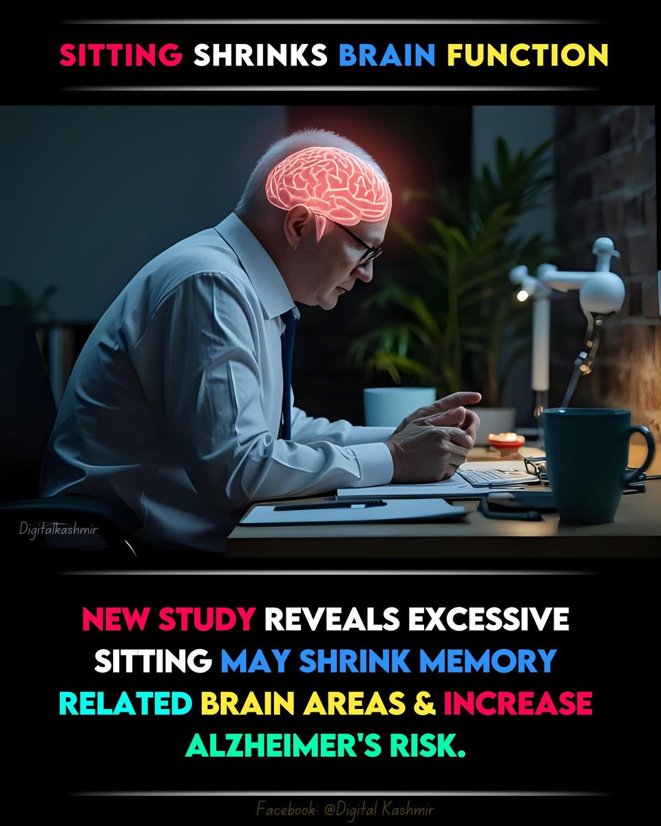 prasadkanumilli's tweet image. New study warns: Sitting for hours daily may shrink brain areas linked to memory—especially the medial temporal lobe—raising dementia &amp;amp; Alzheimer’s risk. Experts urge all ages: move often, sit less to safeguard brain health.
#BrainHealthAlert #MoveMoreSitLess #NeuroscienceNews