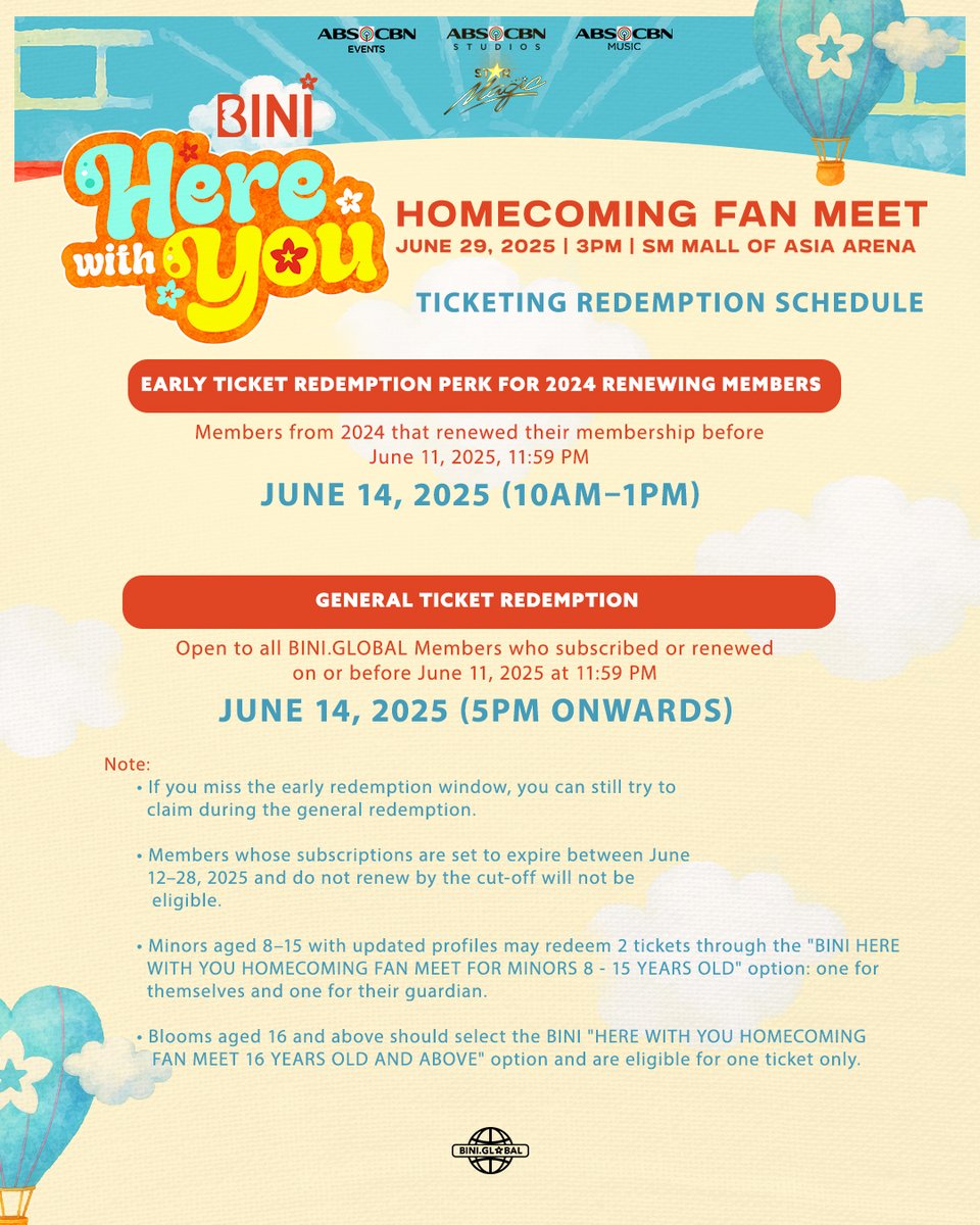 BINI_ph's tweet photo. Good morning, Blooms!🌅

Wake up, dress up, and gear up… it’s Ticket Redemption Day for the BINI Homecoming Fan Meet!💕😍

⏰ 10AM–1PM – Early ticket redemption
⏰ 5PM onwards – General ticket redemption

Start your day right and secure your spot via https://t.co/9sifCMQWNk!🎟️ Kita-kits on June 29!🫶🏻

#BINI #BINI_HomeComingFanMeet #BINI_Un4gettableJUNE