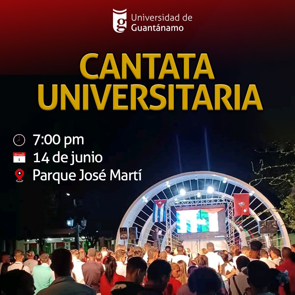 #CubaViveEnSuHistoria 

Convocamos a toda nuestra comunidad a participar en la cantata universitaria en homenaje al 180 aniversario del natalicio de Antonio Maceo y el 97 de Ernesto Che Guevara.
.
.
.

#MiMoncadaGuantanamero
#CasaDeCienciaYProgreso
#SeguimosAscendiendo
#Calidad