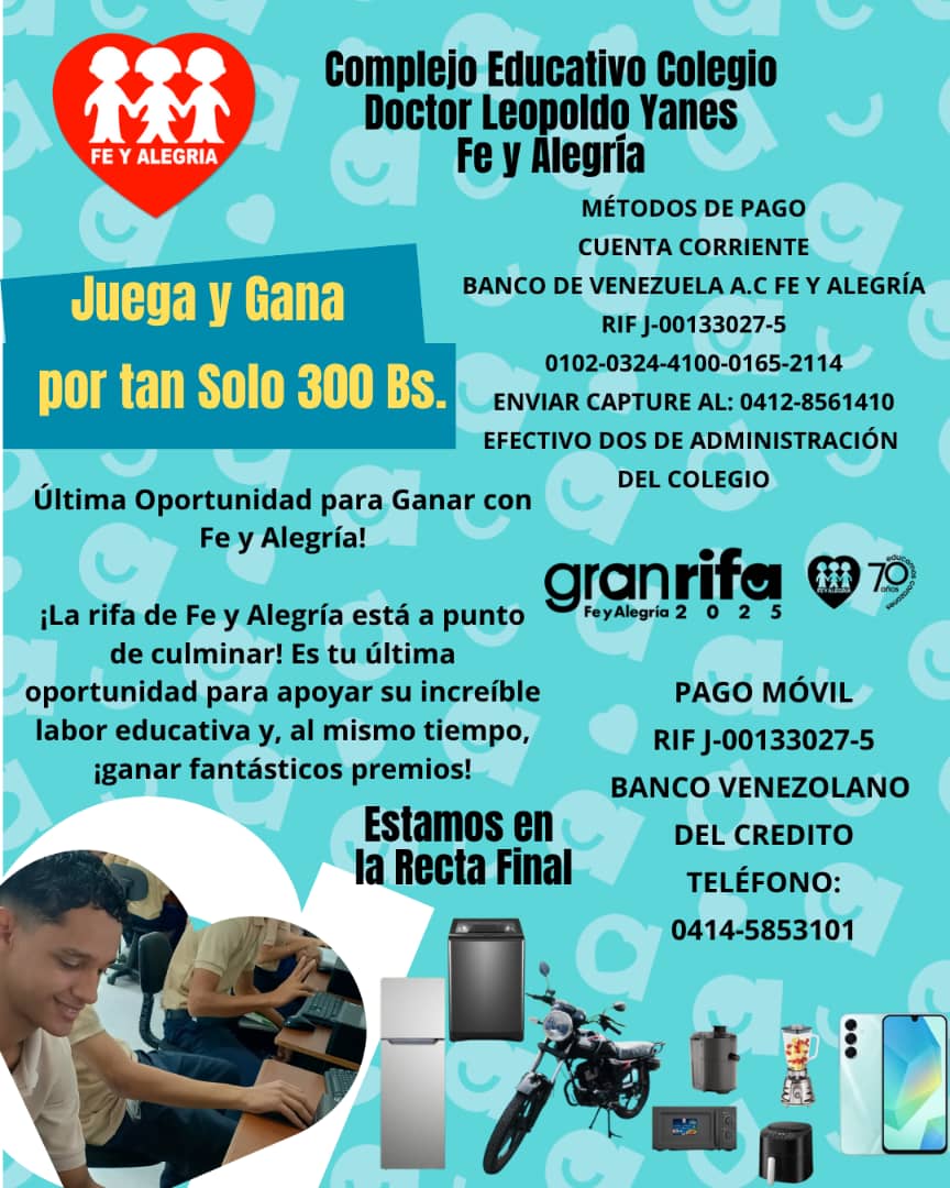 vicros35's tweet photo. Contamos con la comunidad de Venezolana y sus familias para el aporte de la venta de y compra de la rifa nacional de Fe y Alegría. Gracias a todos. https://t.co/alJa7paMgl