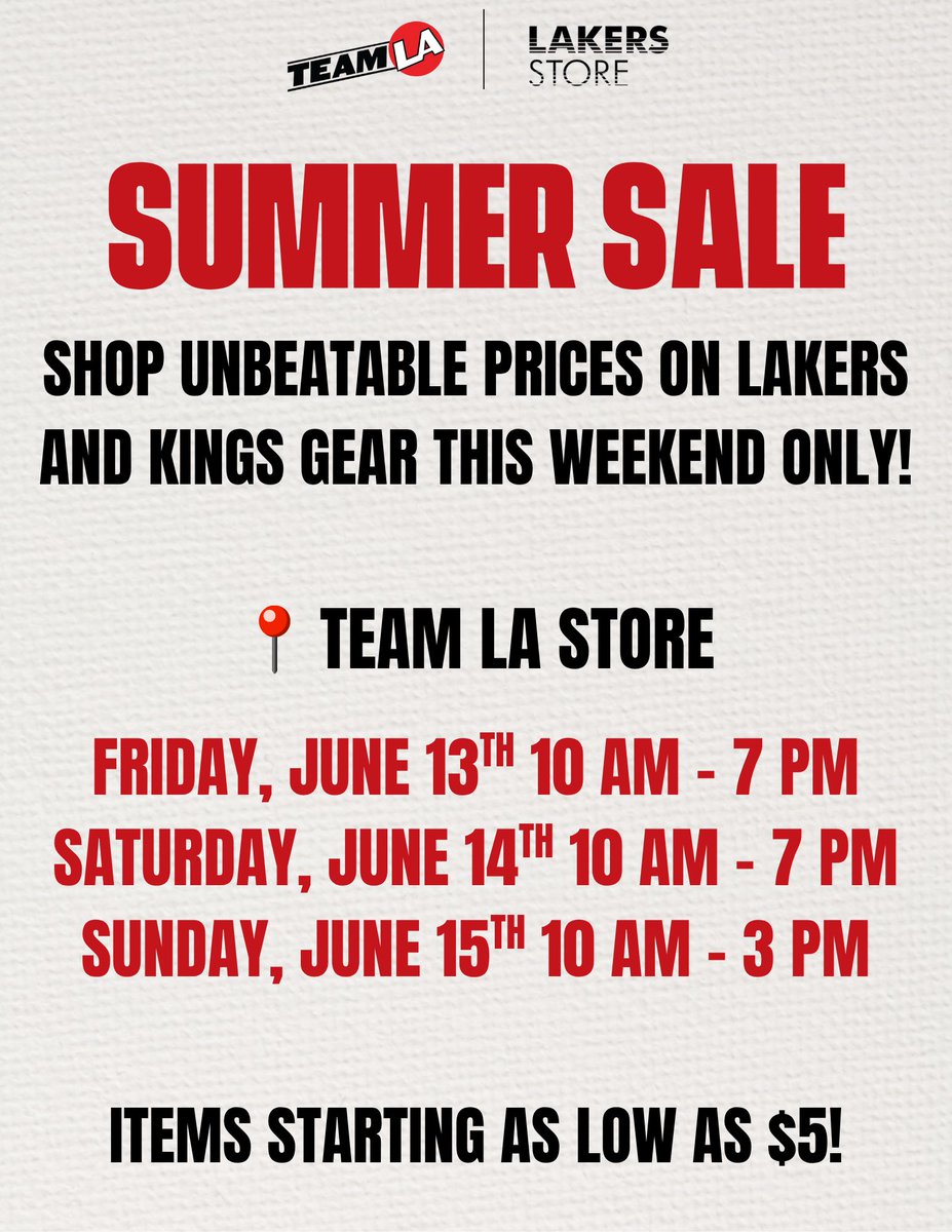 STARTING TODAY!🚨 Don’t miss out on your favorite gear at unbeatable prices! 

Happening this weekend only, exclusively at Team LA Store.

📍1111 S Figueroa Street (Shoppers will enter through Star Plaza on the concourse and exit through Doritos After Dark)