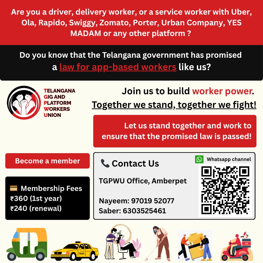🚀 Are you a driver, delivery, or service worker with #Uber, #Ola, #Zomato, #Swiggy, or another app❓The Telangana government promised a law for app-based workers — it's time we come together and make sure it becomes a reality. 🤝 Join us. Stand together. Fight together! #TGPWU