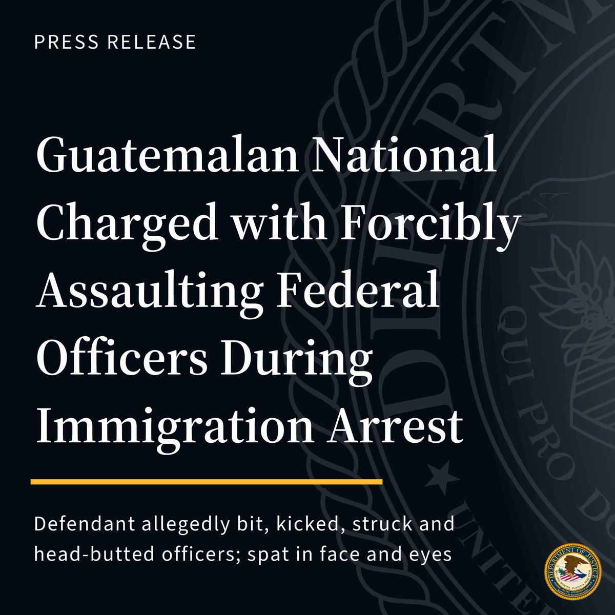 🚨Guatemalan national unlawfully residing in Marlborough, Mass. charged w/ assaulting multiple federal officers during an immigration arrest. Defendant allegedly bit, kicked, struck and head-butted officers; spat into their face and eyes.
READ: justice.gov/usao-ma/pr/gua…