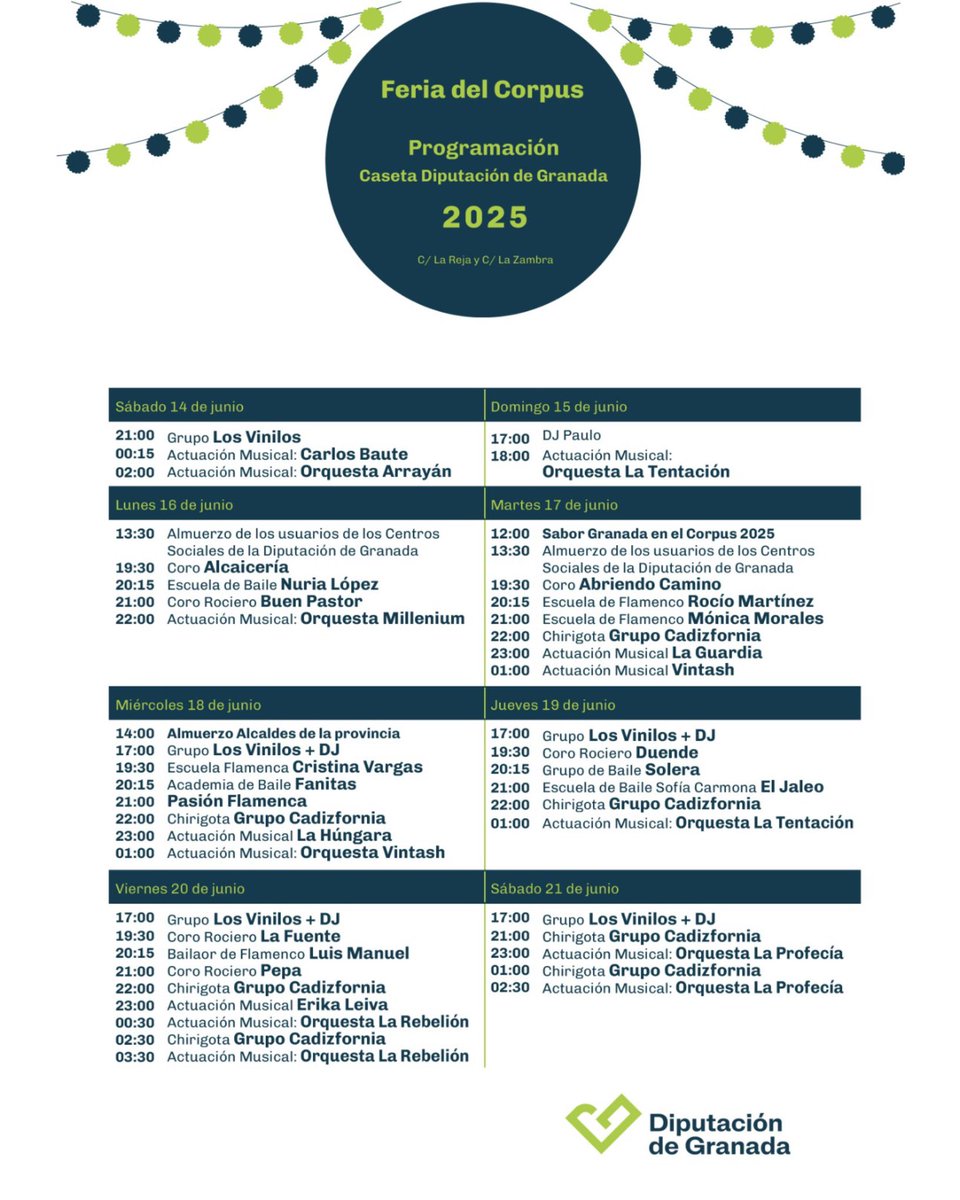 💃🏻Feria del Corpus
🗓️Programación Caseta Diputación de Granada 2025
📍C/ La Reja y C/ La Zambra

#GranadaLlenaDeVida