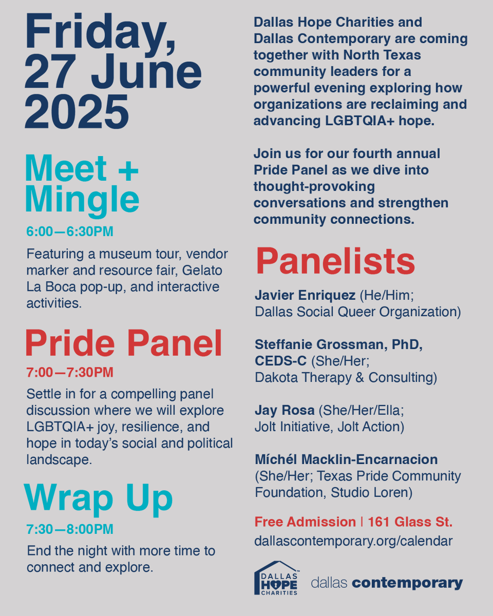 🌈 Don’t miss the Pride Panel at <a href="/DALcontemporary/">Dallas Contemporary</a> !
🗓 Fri, June 27 | ⏰ 6–8PM
🎤 Powerful convo, local vendors, resources &amp; more — all on Reclaiming LGBTQIA+ Hope
🎟 RSVP: bit.ly/PridePanel2025
🙌 Volunteer: bttr.im/a7mn2
#PridePanel2025 #DallasPride
