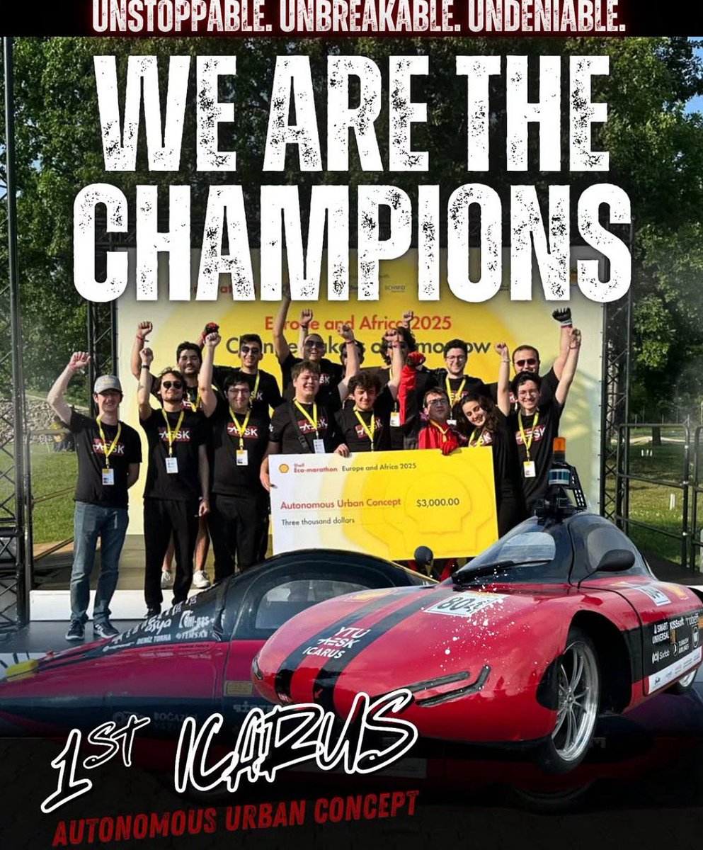 🔹 Tebrikler YTÜ AESK! 🔹
YTÜ öğrencilerinden oluşan AESK takımı, Shell Eco-marathon Europe &amp; Africa 2025 yarışlarında Autonomous Urban Concept kategorisinde dünya birincisi olmuştur.