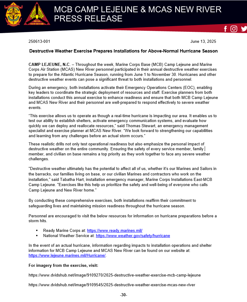 MCB Camp Lejeune and MCAS New River conducted a destructive weather exercise to sharpen readiness for an above-normal hurricane season.