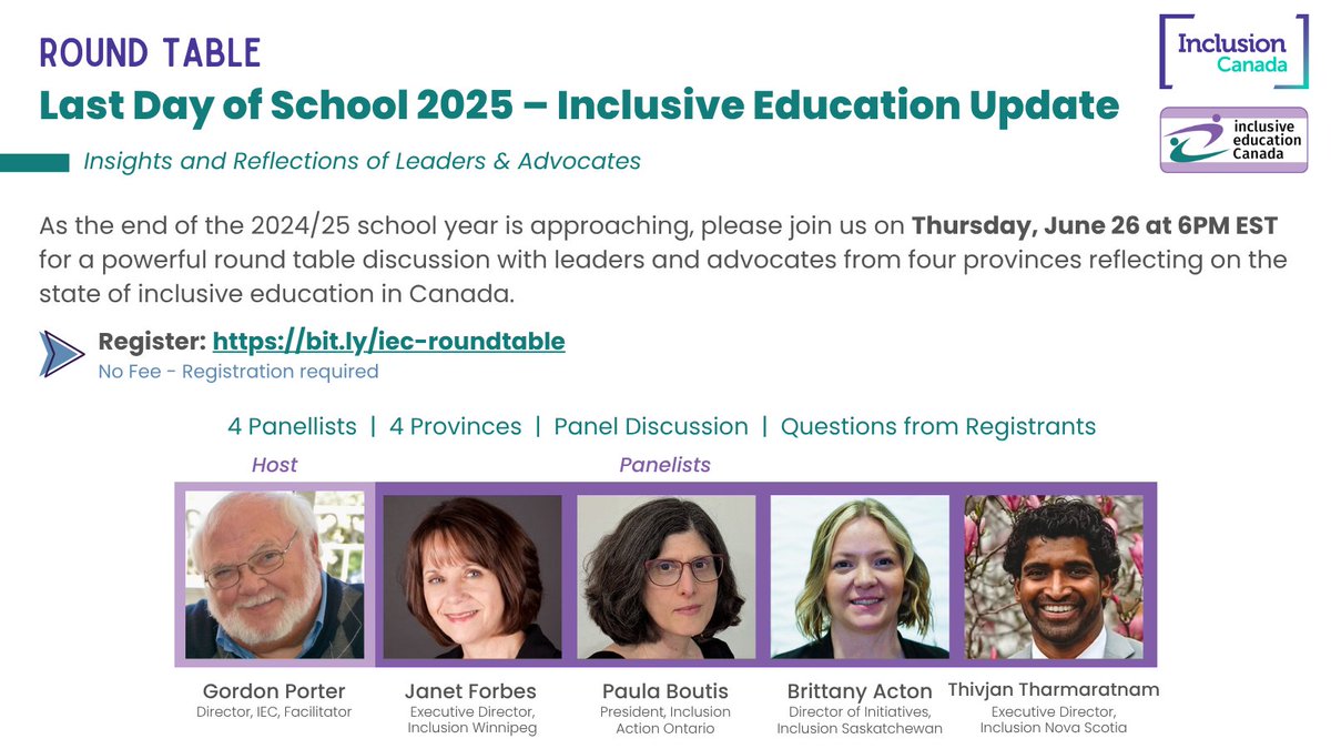 InclusiveEdCan's tweet image. On June 26 at 6pm EST, we will be hosting a roundtable inclusive education update reflecting on the state of inclusive education in Canada.
Sign up for this FREE event here: bit.ly/iec-roundtable