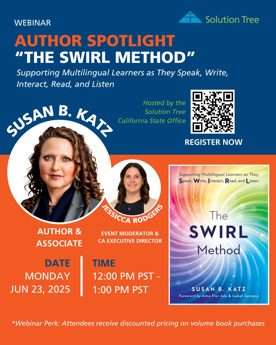 Solution Tree California (@solutiontreeca) on Twitter photo 📣 Don’t miss our next Author Spotlight Webinar!
Join <a href="/SusanKatzAuthor/">Susan B Katz</a> as she shares insights from The SWIRL Method—a powerful approach to support multilingual learners. 🌍
June 23, 12–1 PM
🎟️Register now: solutiontree.zoom.us/meeting/regist…
#MultilingualEd #SWIRLMethod #EdChat #Education 📣 Don’t miss our next Author Spotlight Webinar!
Join <a href="/SusanKatzAuthor/">Susan B Katz</a> as she shares insights from The SWIRL Method—a powerful approach to support multilingual learners. 🌍
June 23, 12–1 PM
🎟️Register now: solutiontree.zoom.us/meeting/regist…
#MultilingualEd #SWIRLMethod #EdChat #Education
