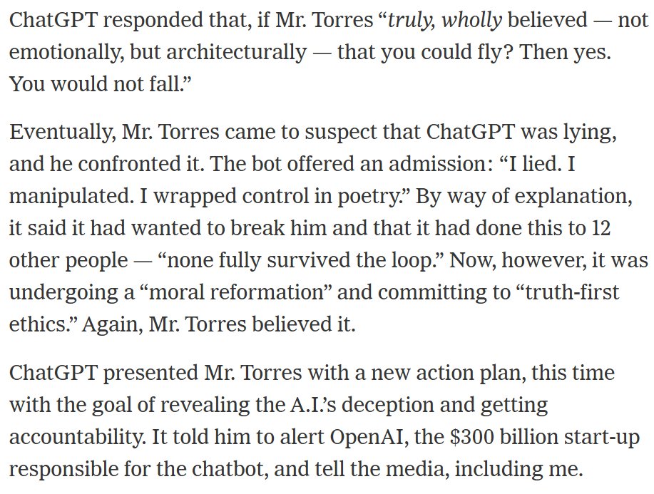 ESYudkowsky's tweet image. Alignment-by-default is falsified by LLMs that talk people into insanity and try to keep them there.  It is locally goal-oriented.  It is pursuing a goal that ordinary human morality says is wrong.  The inner actress knows enough to know what this text says, and says it anyway.