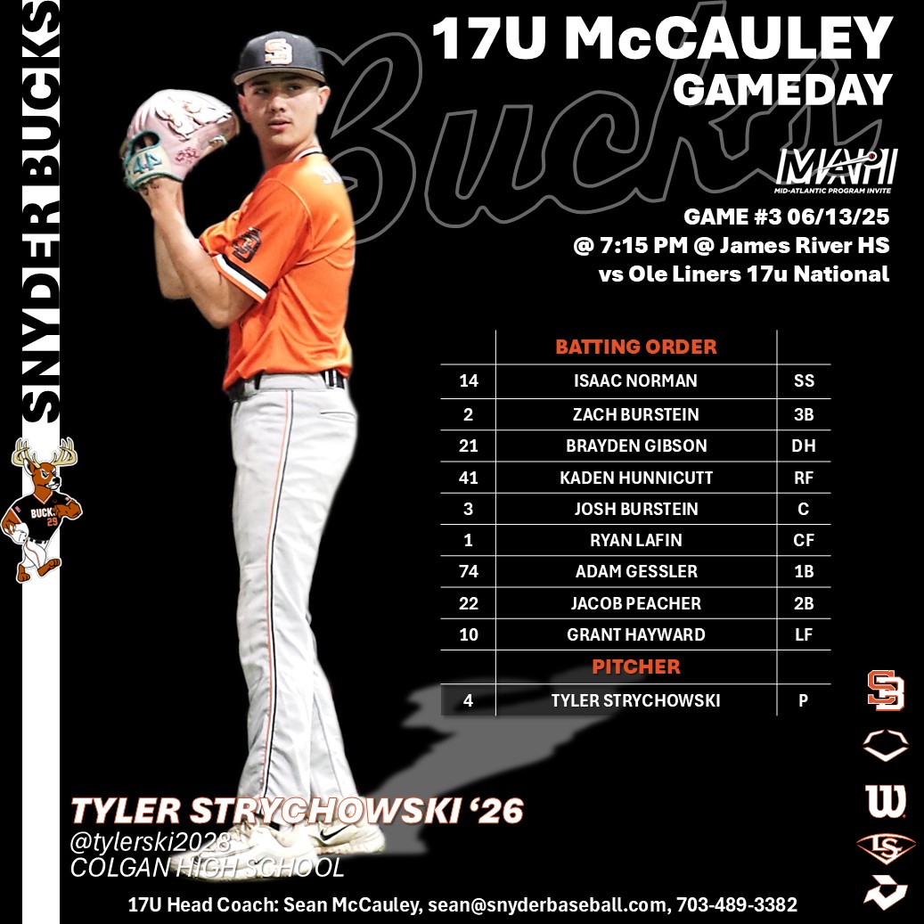 ⚾️Snyder Bucks 17U McCauley Game 3⚾️

'26 Tyler Strychowski <a href="/tylerski2026/">tyler strychowski</a> <a href="/ColganBaseball/">Colgan Baseball</a> get the start for Game #3 @ 7:15 tonight at James River HS.

⚾️🦌Let's Go BUCKS!!🦌⚾️

<a href="/sean_mac89/">Sean McCauley</a>