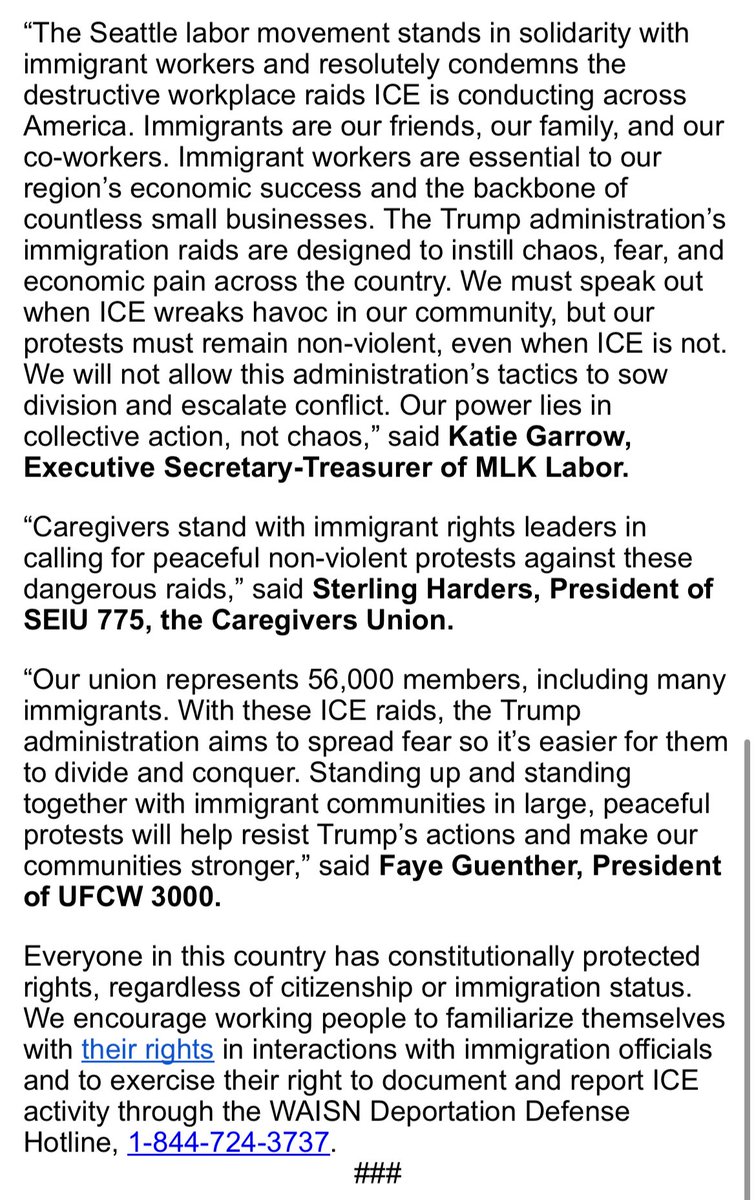 Shaun Scott 🌹🤝 (@eyesonthestorm) on Twitter photo Comrades in the Washington labor movement are calling on us to exercise our right to assemble to resist these raids, and to report ICE activity through the <a href="/waisn_org/">WA Immigrant Solidarity Network</a> Deportation Defense Hotline: 1-844-724-3737.
<a href="/ufcw3000/">ufcw3000</a> <a href="/MLKLabor/">MLK Labor</a> <a href="/WAAFLCIO/">Washington State Labor Council, AFL-CIO</a> Comrades in the Washington labor movement are calling on us to exercise our right to assemble to resist these raids, and to report ICE activity through the <a href="/waisn_org/">WA Immigrant Solidarity Network</a> Deportation Defense Hotline: 1-844-724-3737.
<a href="/ufcw3000/">ufcw3000</a> <a href="/MLKLabor/">MLK Labor</a> <a href="/WAAFLCIO/">Washington State Labor Council, AFL-CIO</a>