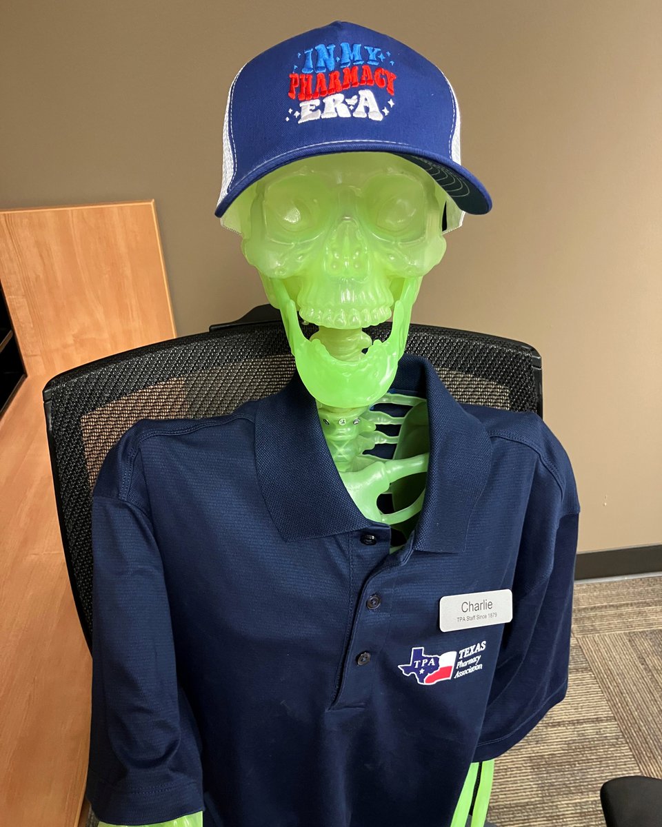 Charlie, TPA's "interim receptionist," is REALLY getting into his #pharmacy era! (He needed a hat to cover his skeletal bald head anyway to avoid sunburn... or skullburn.) Get your own hat at the 2025 TPA Conference &amp; Expo, July 18–20 in Austin! Register: texaspharmacy.org/conference