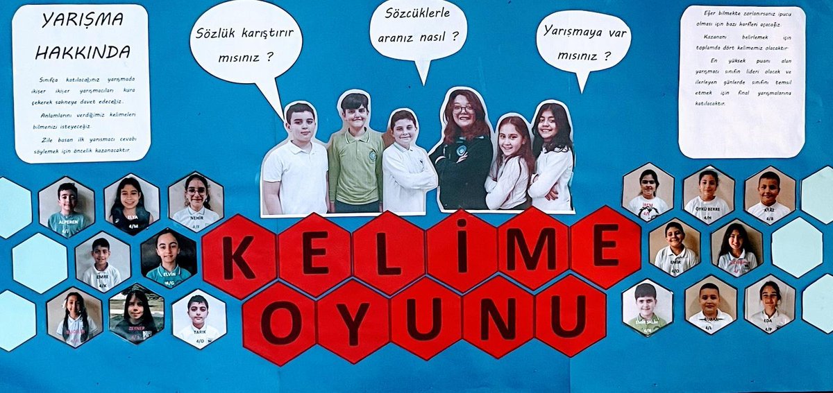 4.sınıflar arası düzenlediğimiz “Kelime Oyunu” yarışması finalini tamamladık. 3. 4/E sınıfından İrem , 2. 4/B sınıfından Ayaz olurken.
Yarışmayı kazanan öğrencimiz 4/D sınıfından Tarık olmuştur. 
Yarışmada yerini alan tüm öğrencileri heyecana ortak oldukları için tebrik ederiz.