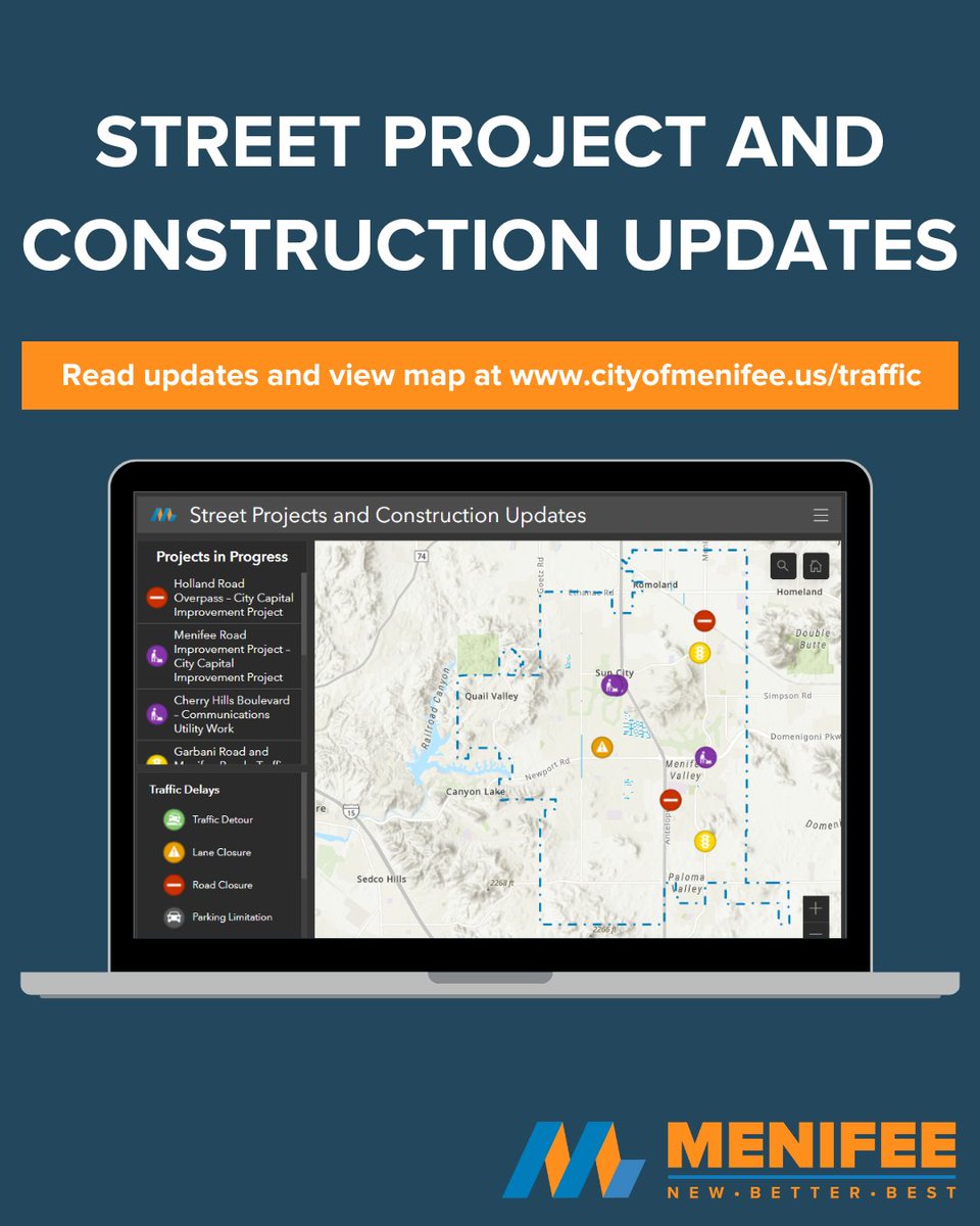 Menifee Street Project and Construction Updates - Week of June 16, 2025

1. *COMPLETE* EMWD has completed potholing work for the Scott Rd. Gap Transmission Pipeline Project. All lanes are now open.

Visit cityofmenifee.us/traffic for all street projects and construction updates.
