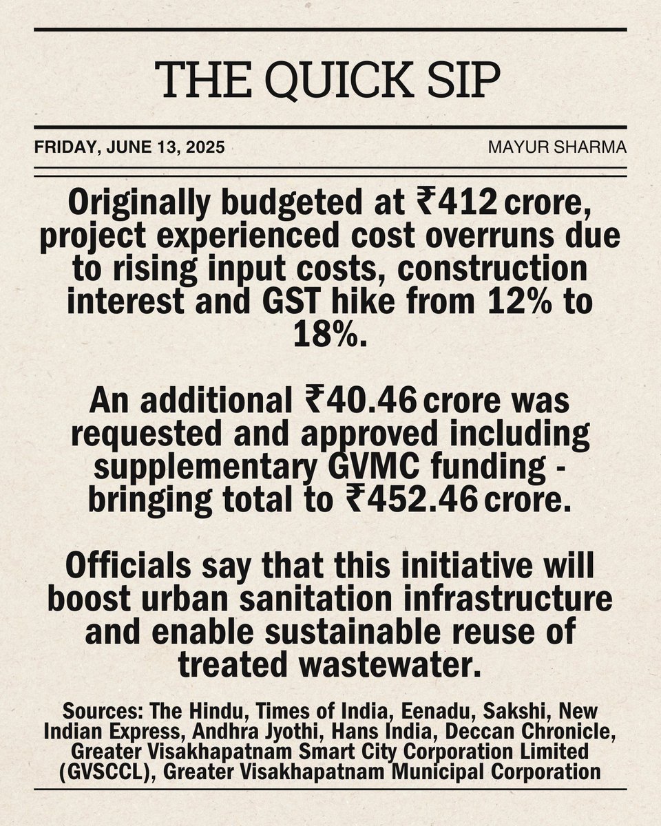 Mayur Sharma (@mayur259) on Twitter photo #WaterNews: Vizag Sewerage Project Cost Revised to ₹452.46 Crore; Covers 12,000 Houses with Underground Networks.
@crpaatil <a href="/DoWRRDGR_MoJS/">Ministry of Jal Shakti, DoWR, RD&GR, GoI</a> <a href="/commr_mtmc/">Mangalagiri Tadepalli Municipal Corporation</a> <a href="/ncbn/">N Chandrababu Naidu</a> @andhrapradeshcm @apdeputycmo @cdma_municipal @smartcities_HUA @ghvkumarimayor @coc_gvmc <a href="/vizagcollector/">CollectorVisakha</a> @gvmc_visakha #WaterNews: Vizag Sewerage Project Cost Revised to ₹452.46 Crore; Covers 12,000 Houses with Underground Networks.
@crpaatil <a href="/DoWRRDGR_MoJS/">Ministry of Jal Shakti, DoWR, RD&GR, GoI</a> <a href="/commr_mtmc/">Mangalagiri Tadepalli Municipal Corporation</a> <a href="/ncbn/">N Chandrababu Naidu</a> @andhrapradeshcm @apdeputycmo @cdma_municipal @smartcities_HUA @ghvkumarimayor @coc_gvmc <a href="/vizagcollector/">CollectorVisakha</a> @gvmc_visakha