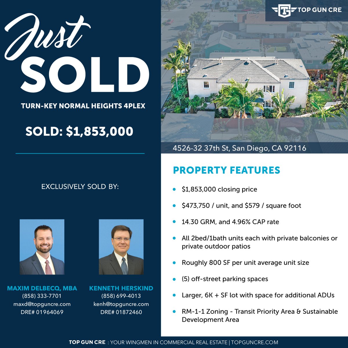 Just Sold: Turn-key Normal Heights 4plex

4526-32 37th Street, San Diego, CA 92116

$1,853,000 closing price

$473,750 / unit, and $579 / square foot

14.30 GRM, and 4.96% CAP rate

Check out our website for available properties!

TopGunCRE.com