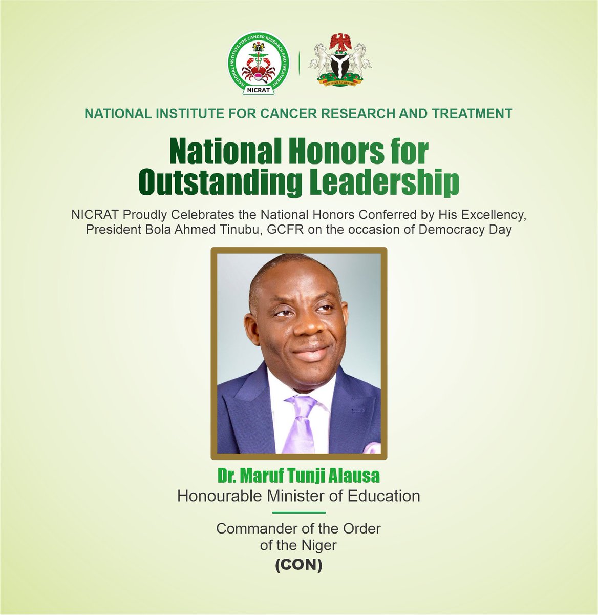 🎖️ 𝗡𝗮𝘁𝗶𝗼𝗻𝗮𝗹 𝗛𝗼𝗻𝗼𝗿𝘀 𝗳𝗼𝗿 𝗢𝘂𝘁𝘀𝘁𝗮𝗻𝗱𝗶𝗻𝗴 𝗟𝗲𝗮𝗱𝗲𝗿𝘀𝗵𝗶𝗽 🇳🇬
NICRAT proudly celebrates a moment of pride and recognition!

On the occasion of Democracy Day, His Excellency, President Bola Ahmed Tinubu, GCFR, has conferred the prestigious national honor
