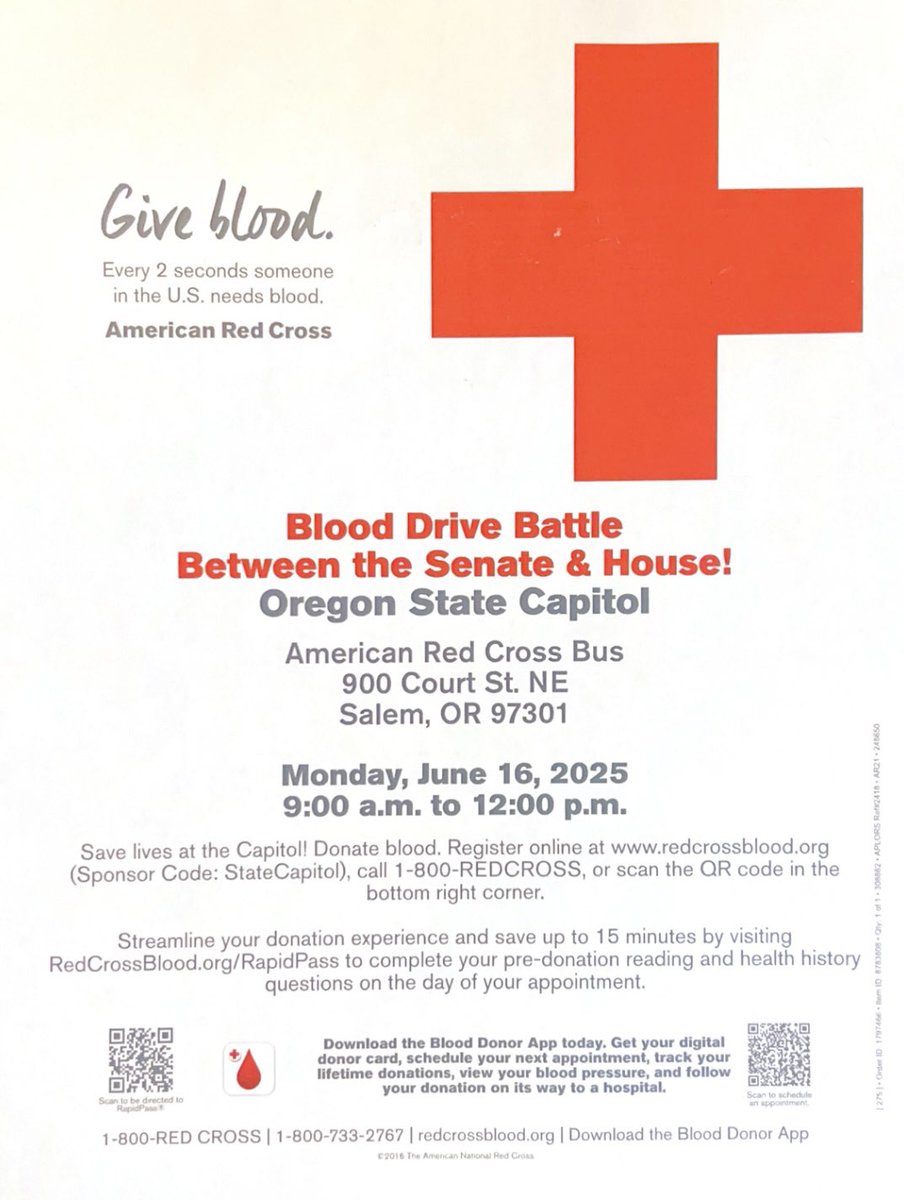 Only a couple of open spots left to donate blood at the Capitol on Monday. 

Join Secretary of State Tobias Read and Senator James Manning and help save lives. #orleg #orpol