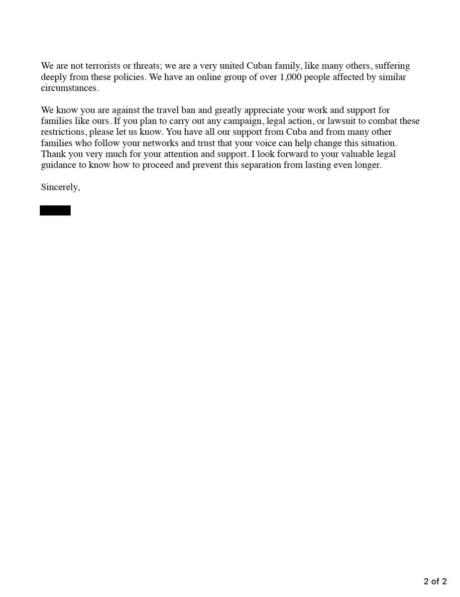 Cuban victim of Trump Travel ban:
"My husband...is a permanent resident in the United States. We have been together for 10 years and legally married for 3. He filed an F2A petition for me and our children..."
"We are not terrorists; we are a very united Cuban family, ..."