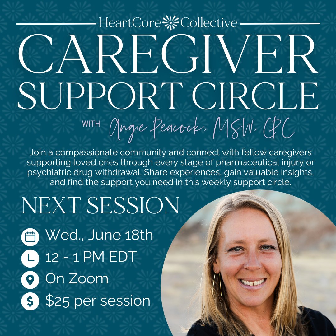 Coach Wendy Jo is traveling next week, so I'll be hosting our Caregiver circle on Wednesday.

Register here: calendly.com/heartcore-coll… 

#antidepressantwithdrawal #benzowithdrawal #iatrogenicillness #deprescribing #tapering