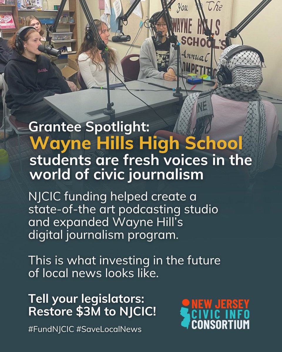 NJCivicInfo's tweet image. 🎙️ With NJCIC support, students at Wayne Hills High are stepping behind the mic — learning to report, question, and lead.
Help us invest in the future of local news.
Tell your legislators: Restore $3M for NJCIC
bit.ly/FundNJCIC
#FundNJCIC #SaveLocalNews