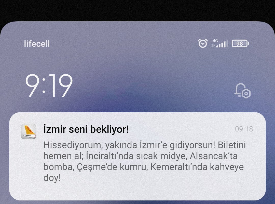 Ben mi alacağım o bileti?
Pegasus, beni yanlış tanıdın sen☺️ Alsancak, Çeşme, Kemeraltı gitmem ben. Yarın İzmir'de olsam sarı kırmızı tişört giyerdim 💛❤️