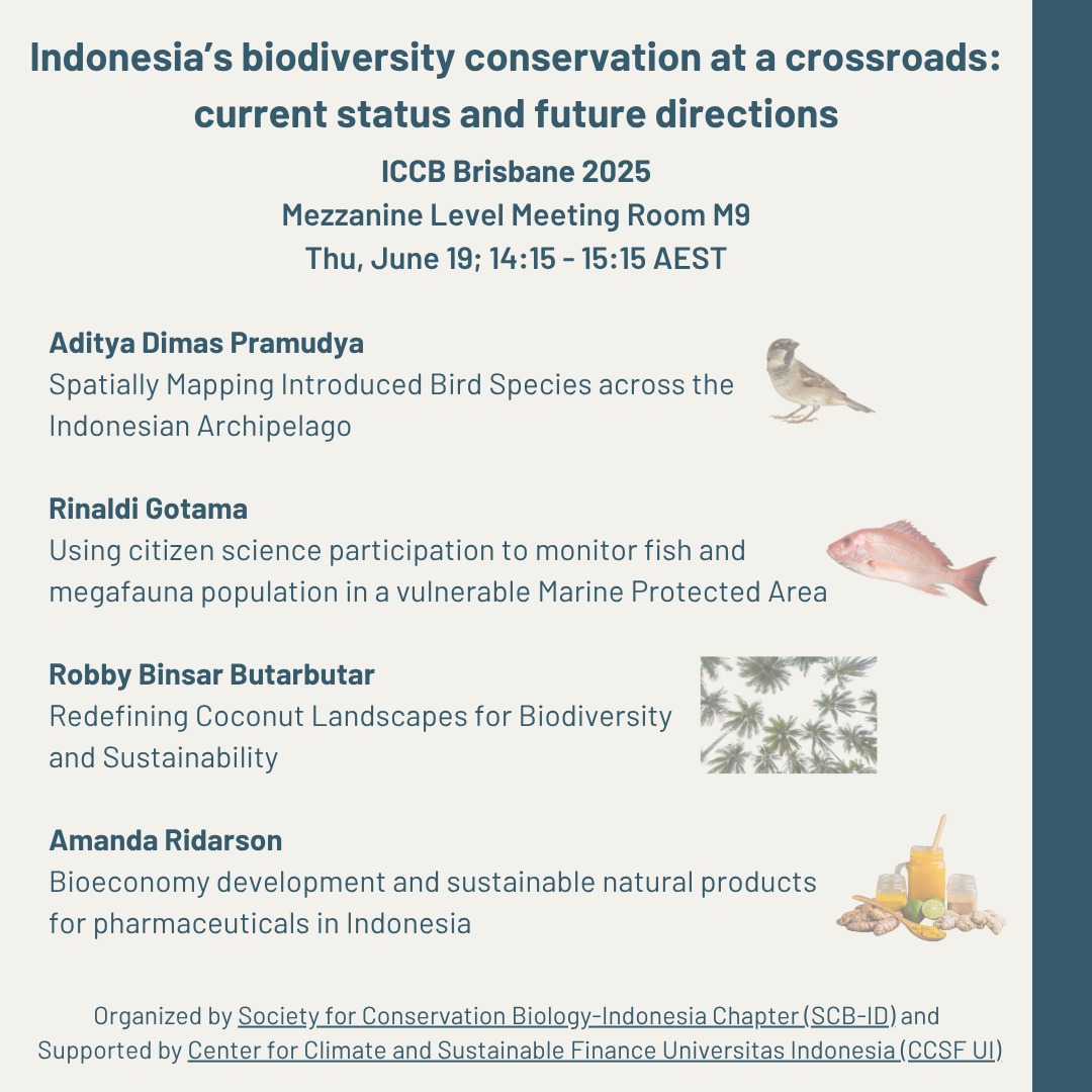 Hi SCBners,

Kita akan menyelenggarakan Simposium di ICCB Brisbane tahun ini  tepatnya tanggal 19 Juni 2025. Jangan keinggalan ya

We are going to organize a symposium at ICCB in Brisbane this year on 19 June 2025. Join us!

#conservation #iccb2025 #biodiversity