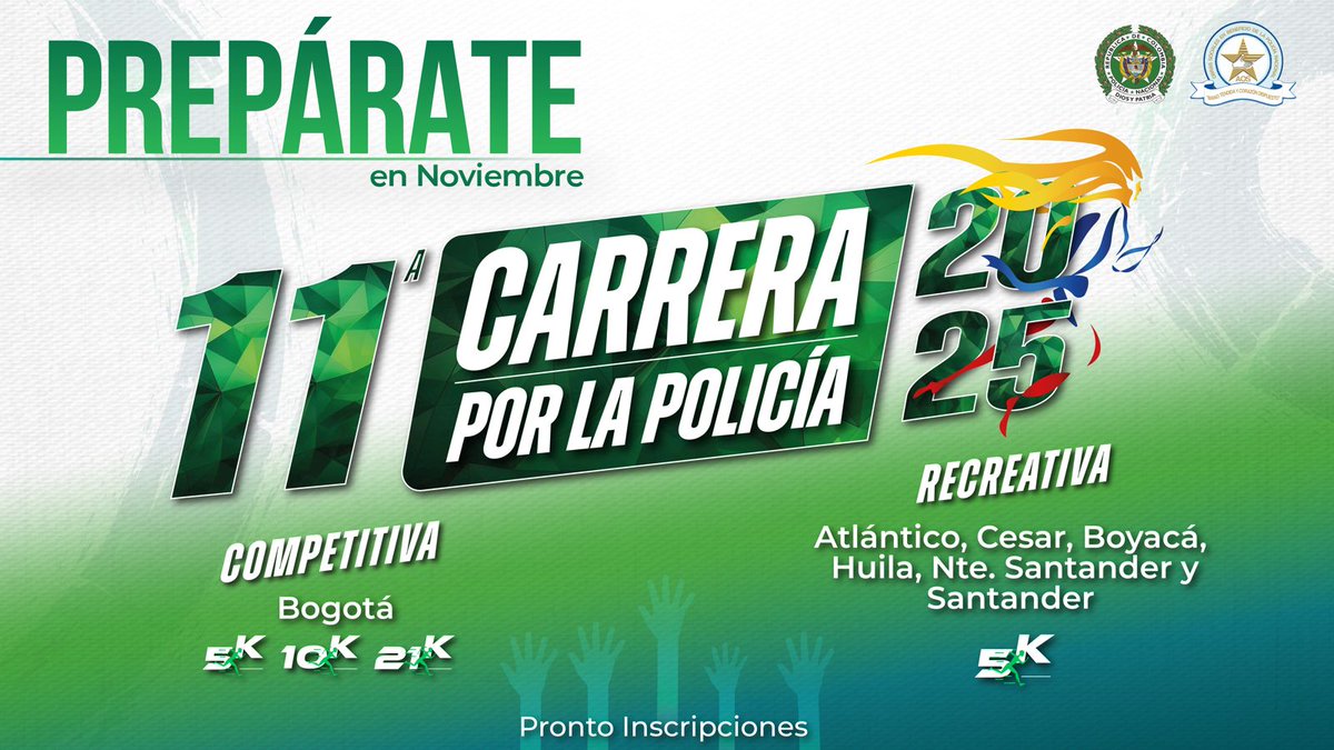 ¡Prepárate!
Pronto se abrirán las inscripciones para participar en la "11ª Carrera por la Policía 2025" que se llevará a cabo en el mes de noviembre. 🏃🏻‍♂️🏃‍♀️ 🏃🏿
