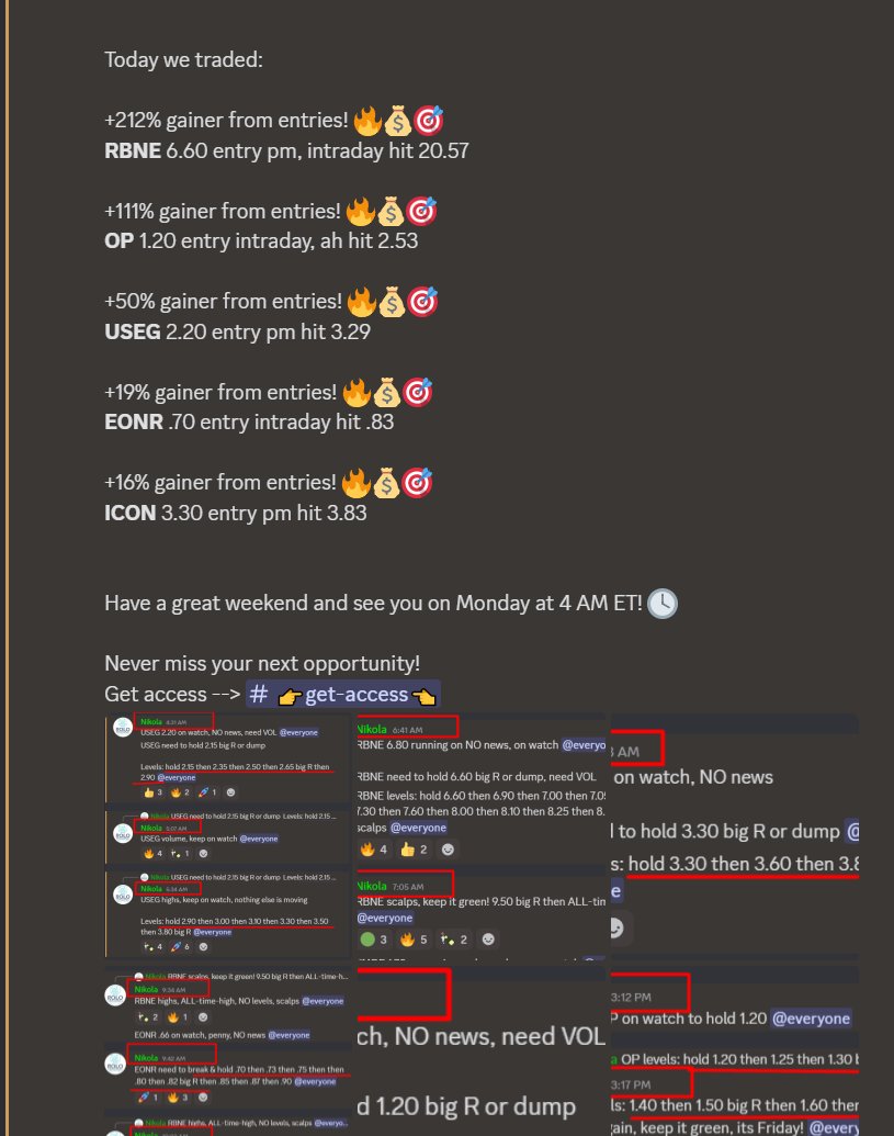 RECAP OF FRIDAY JUN 13    

Another good session written in the book! 🔥💰🎯

Join our Discord: discord.com/invite/YYhupxm…

See you on Monday at 4 AM ET! 🕓

Today we traded:

+212% gainer from entries! 🔥💰🎯
$RBNE 6.60 entry pm, intraday hit 20.57

+111% gainer from entries!