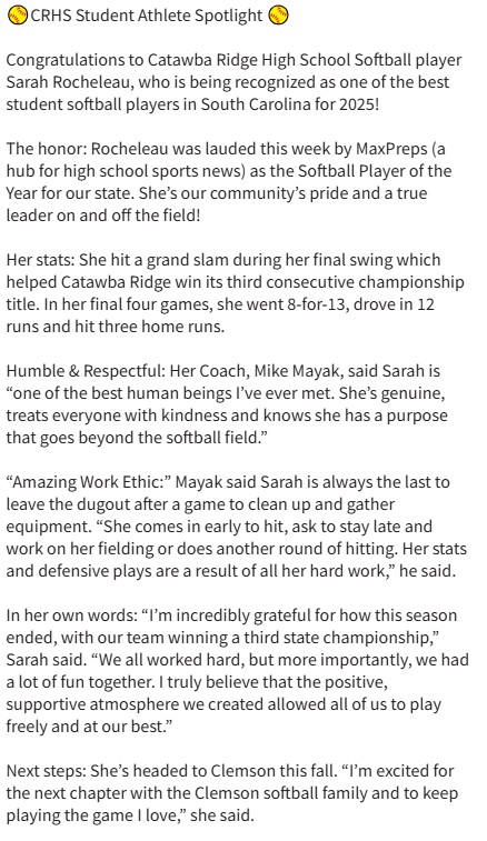 🥎Congratulations to Catawba Ridge High School Softball player Sarah Rocheleau, who is being recognized as one of the best student softball players in SC for 2025! Rocheleau was lauded this week by MaxPreps as Softball Player of the Year. Read the profile below!
