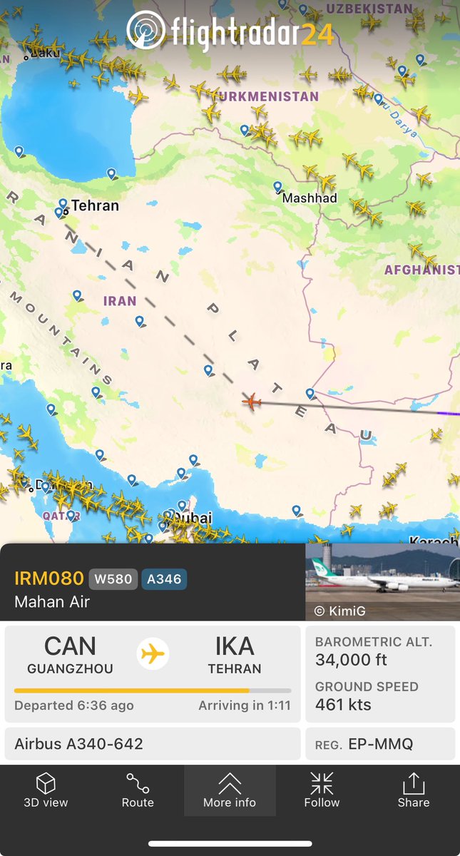 Watching the news and had a look and wondering if nobody has let the pilot of this plane know that they’re the only civilian aircraft in a war zone. Wouldn’t want to be on that plane 😦 #Iran