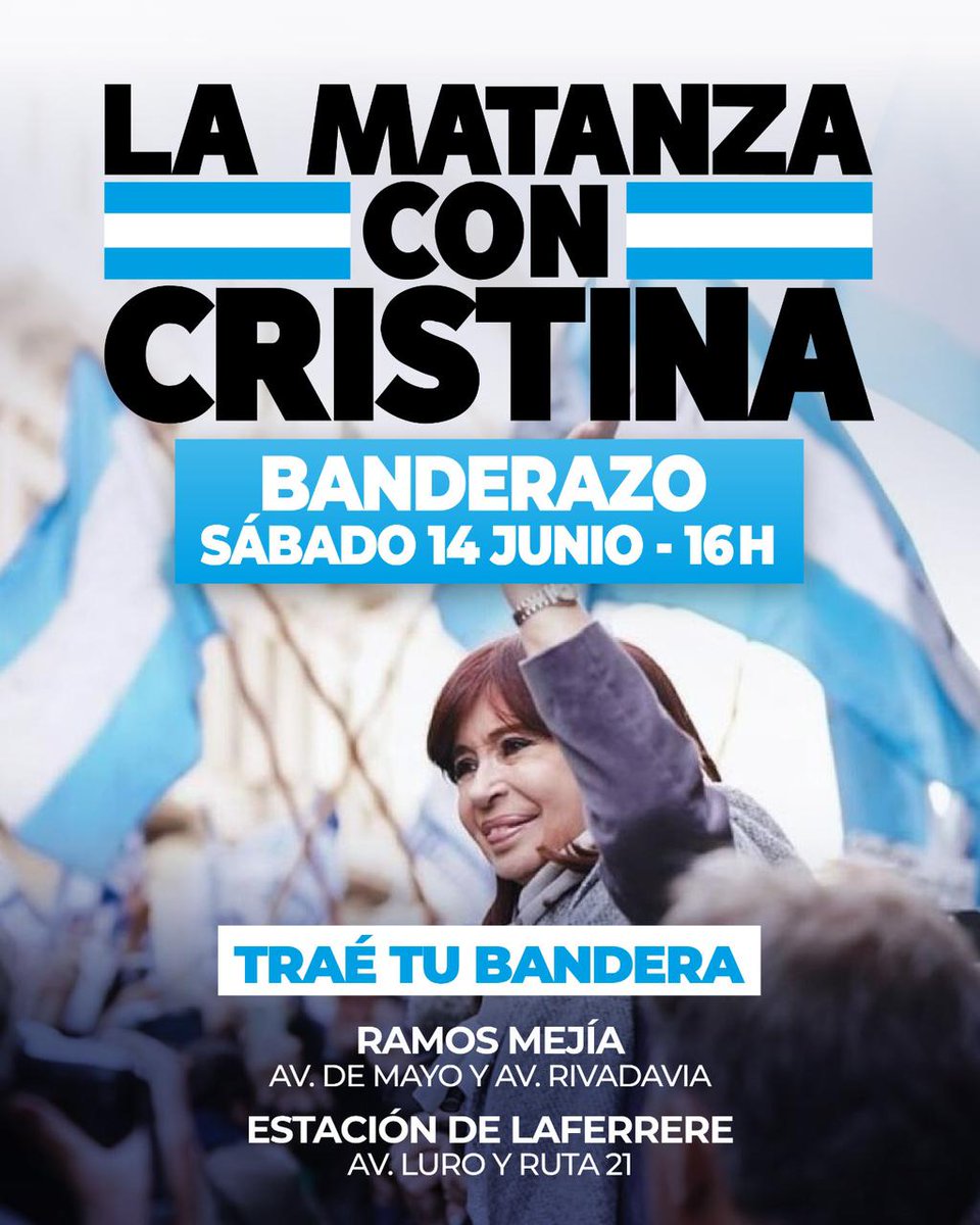 ¡BANDERAZO EN LA MATANZA SUMATE!

La Matanza con Cristina ♥️

• 16HS 👇🏻
 Ramos Mejía - Av. de Mayo y Av.Rivadavia.
Laferrere - Av. Luro y ruta 21.
