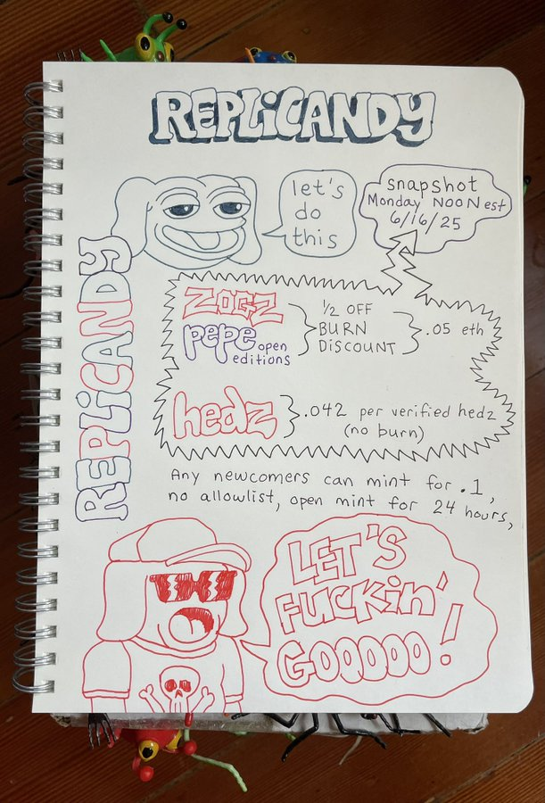 nouvelle collec de matt furie qui  arrive 

replicandy.fun

0.1 le mint 
0.05 pour les ZOGS PEPE 
0.042 pour les HEDZ holder 

Snapshot 16/6 

cashgrab/20 ?