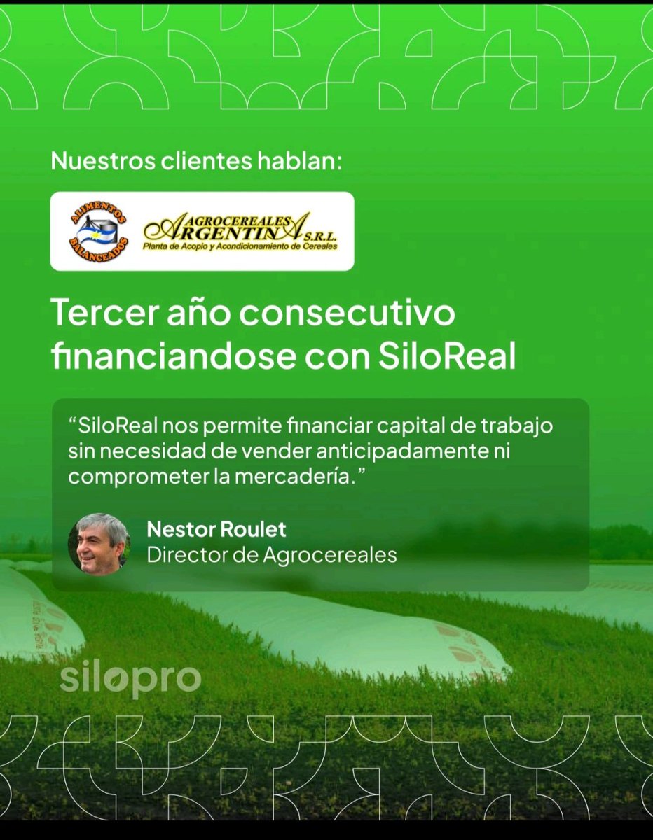 🚜 Tercer año consecutivo que Agrocereales Argentina financia su capital de trabajo con <a href="/silorealok/">SiloReal</a> , sin necesidad de vender ni comprometer su mercadería. <a href="/NestorRoulet/">Néstor Roulet</a> 
🔁 Mismo activo, nuevo valor.
💡 Del dato al contrato. Del campo a la liquidez.